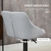HOMCOM Counter Height Bar Stools Set of 2, Adjustable Bar Chair, Swivel Fabric Kitchen Stools with Back, Armrests and Footrest for Kitchen Counter and Dining Room, Light Grey(m-5)