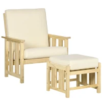 Outsunny Patio Furniture Set, Wood Outdoor Patio Chair with Ottoman, 2 Piece Cushioned Outdoor Lounge Chair, Sofa Chair with Footrest, Beige(m-11)