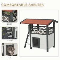 PawHut Wooden 2-Story Shelter for Feral Cats with Asphalt Roof, Stairs, Balcony, 30" x 20" x 29", White(m-4)