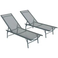 Outsunny 2 Pieces Folding Outdoor Lounge Chairs, Reclining Chaise Lounge Tanning Chair w/ Adjustable Back, Mesh Seat, Light Grey(m-11)