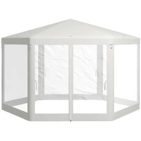 Outsunny Φ13' Hexagon Party Tent Patio Gazebo Outdoor Activity Event Canopy Quick Sun Shelter Pavilion with Netting Mesh Sidewall Cream White(m-2)