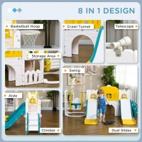 Qaba 8 in 1 Slide and Swing Set, Toddler Slide Set with Basketball Hoop, Climber, Steering Wheel, for Aged 1-3 Years, Yellow(m-4)