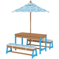 Qaba Kids Picnic Table Set with Foldable Umbrella, Removable Cushions & Boxes, Dinosaur Theme, Blue(m-1)