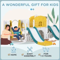 Qaba 8 in 1 Slide and Swing Set, Toddler Slide Set with Basketball Hoop, Climber, Steering Wheel, for Aged 1-3 Years, Yellow(m-7)