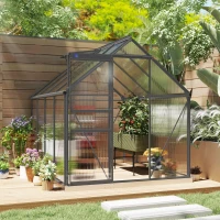 Outsunny 6' x 8' x 6.5' Polycarbonate Greenhouse, Walk-in Green House with Adjustable Roof Vent Galvanized Base Sliding Door Rain Gutter for Outdoor Garden Backyard, Charcoal Grey(m-1)