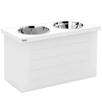 PawHut Elevated Dog Bowls with Slow Feeder Mat, Storage Cabinet, 3 Stainless Steel Bowls for Large & Extra Large Dogs, White(m-1)
