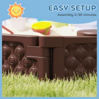 Qaba Kids Sandbox with Cover, 4 Corner Seats, Bottom Liner for Backyard, Garden, Outdoor, 71" x 42" W x 9", Dark Brown(m-7)