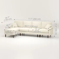 HOMCOM L-Shape Sofa, Modern Sectional Couch with Changeable Chaise Lounge, Pillows and Wooden Legs for Living Room, Cream White(m-3)