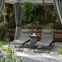 Outsunny Folding Chaise Lounge Chair Set of 2, Reclining Outdoor Lounge Chair Set with Quick Drying Pad Headrest Side Pocket, Tanning Chair Set for Beach Garden Pool, Light Grey(m-1)