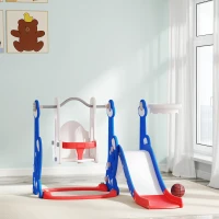 Qaba 4-in-1 Slide and Swing Set with Basketball Hoop, Climber, for Ages 1.5-4 Boys Girls Toddler, Rocket Themed, Dark Blue(m-8)