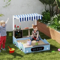 Qaba Kids Wooden Sandbox with Canopy with Bench Seats, Bottom Liner, Drawing Board, Planting Boxes for Backyard, Garden, Blue(m-2)