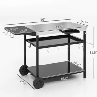 Outsunny Outdoor Bar Cart Grill Table with Stainless Steel Tabletop, Wheeled Outdoor Serving Cart Prep Table with Storage, Hooks(m-3)