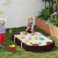 Qaba Kids Sandbox with Cover, 4 Corner Seats, Bottom Liner for Backyard, Garden, Outdoor, 71" x 42" W x 9", Dark Brown(m-2)
