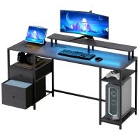HOMCOM 61" Computer Table with LED Lights, PC Desk with Power Outlets, USB Ports, Storage, Wireless Remote, Distressed Black(m-1)