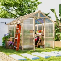 Outsunny 6.6 x 8 ft. Polycarbonate Greenhouse Wooden Walk-in Greenhouse Kit with Thickened Panels, Roof Vent, and Lockable Door(m-10)