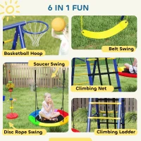 Qaba 6 in 1 Kids Swing Set with 1 Saucer Swing, 1 Belt Swing, 1 Disc Rope Swing, Climbing Ladder and Net, Basketball Hoop(m-4)