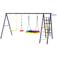 Qaba 6 in 1 Kids Swing Set with 1 Saucer Swing, 1 Belt Swing, 1 Disc Rope Swing, Climbing Ladder and Net, Basketball Hoop(m-2)