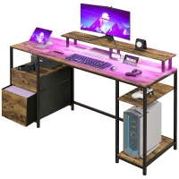 HOMCOM 61" Computer Table with LED Lights, PC Desk with Power Outlets, USB Ports, Storage, Wireless Remote, Rustic Brown