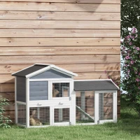 PawHut 58" Wooden Rabbit Hutch with Run, Removable Tray, Asphalt Roof,  Lockable Doors and Ramp, Gray(m-10)
