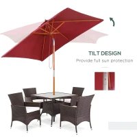 Outsunny 6.6x5ft Square Market Parasol, Wooden Patio Umbrella with Tilt Mechanism and 6 Bamboo Ribs, Garden Sunshade, Wine Red(m-4)