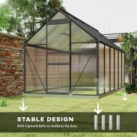 Outsunny 6' x 12' x 6.5' Polycarbonate Greenhouse, Walk-in Green House with Adjustable Roof Vent Galvanized Base Sliding Door Rain Gutter for Outdoor Garden Backyard, Charcoal Grey(m-6)