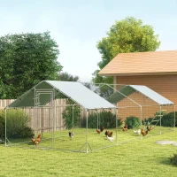 PawHut Large Metal Chicken Run with Waterproof & UV-Resistant Cover, Feeding Door, Hanging Feeder, Perch for 24-30 Chickens(m-8)