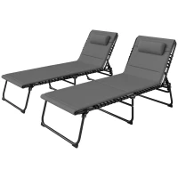 Outsunny Folding Chaise Lounge Chair Set of 2, Reclining Outdoor Lounge Chair Set with Quick Drying Pad Headrest Side Pocket, Tanning Chair Set for Beach Garden Pool, Light Grey(m-2)