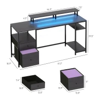 HOMCOM 61" Computer Table with LED Lights, PC Desk with Power Outlets, USB Ports, Storage, Wireless Remote, Distressed Black(m-3)