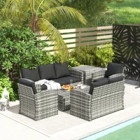 Outsunny 6 Pieces Wicker Patio Furniture Set with Cushions, 7-Seater Rattan Patio Sofa Set with Storage Coffee Table & Side Table, Sectional Outdoor Furniture Set, Black(m-1)