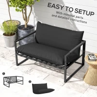 Outsunny 2 Seater Outdoor Patio Sofa, Webbing Outdoor Couch with Thickened Cushion, Armrests, Steel Frame, Black(m-9)