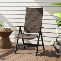 Outsunny Folding Wicker Patio Dining Chair with 5-level Reclining Back, Wooden Armrests for Outdoor, Garden, Backyard, Brown(m-8)