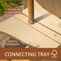 Outsunny 2 Piece Pair Wood Adirondack Chair Porch Tete-A-Tete Bench Two Seater w/ Middle Table Reclined Wooden Umbrella Hole, Natural(m-6)