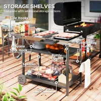 Outsunny Outdoor Bar Cart Grill Table with Stainless Steel Tabletop, Wheeled Outdoor Serving Cart Prep Table with Storage, Hooks(m-6)