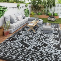 Outsunny Reversible Outdoor Rug, Waterproof Plastic Straw with Carry Bag, 9' x 18', Black & Gray Rhombus Border(m-10)