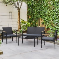 Outsunny 4 Pieces Wicker Patio Furniture Set with Cushions, Outdoor Rattan PE Rattan Conversation Set, Chairs and Loveseat with PS Board Armrests Decoration, Glass Top Table, Black(m-1)