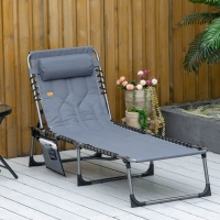 Outsunny Outdoor Lounge Chair, Folding Chaise Lounge, Patio Padded Tanning Chair with 5-position Adjustable Backrest, Pillow and Pocket for Deck, Beach, Lawn and Sunbathing, Grey