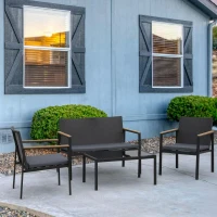 Outsunny 4 Pieces Wicker Patio Furniture Set with Cushions, Outdoor Rattan PE Rattan Conversation Set, Chairs and Loveseat with PS Board Armrests Decoration, Glass Top Table, Black(m-8)