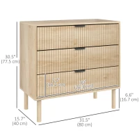 HOMCOM Bedroom Chest of Drawers, 3 Drawer Dresser with Fluted Panels and Solid Wood Legs, Storage Cabinet for Living Room, Oak(m-3)