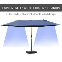 Outsunny 15' Outdoor Patio Umbrella with Twin Canopy Sunshade Steel Table Umbrella w/ Lift Crank, Cross base, Sandbag, Dark Blue(m-4)