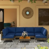 Outsunny 7 Piece Wicker Patio Furniture Set, Modular Outdoor Sectional with Thickened Cushions, Acacia Wood Table, Brown/Blue(m-8)