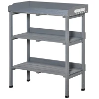 Outsunny Outdoor Garden Wooden Potting Bench Work Station Table Tool Storage Shelf w/ Hooks, Grey(m-2)