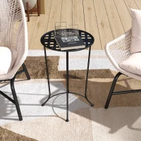 Outsunny 16" Round Outdoor Table, Small Patio Side Table, Metal End Table Plant Stand with Grid Top for Indoor, Garden, Black(m-1)