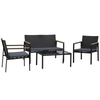 Outsunny 4 Pieces Wicker Patio Furniture Set with Cushions, Outdoor Rattan PE Rattan Conversation Set, Chairs and Loveseat with PS Board Armrests Decoration, Glass Top Table, Black(m-2)