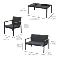 Outsunny 4 Pieces Wicker Patio Furniture Set with Cushions, Outdoor Rattan PE Rattan Conversation Set, Chairs and Loveseat with PS Board Armrests Decoration, Glass Top Table, Black(m-3)