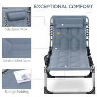 Outsunny Outdoor Lounge Chair, Folding Chaise Lounge, Patio Padded Tanning Chair with 5-position Adjustable Backrest, Pillow and Pocket for Deck, Beach, Lawn and Sunbathing, Grey(m-5)