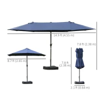 Outsunny 15' Outdoor Patio Umbrella with Twin Canopy Sunshade Steel Table Umbrella w/ Lift Crank, Cross base, Sandbag, Dark Blue(m-3)