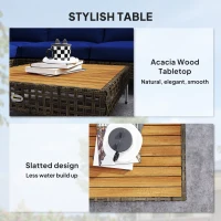 Outsunny 7 Piece Wicker Patio Furniture Set, Modular Outdoor Sectional with Thickened Cushions, Acacia Wood Table, Brown/Blue(m-7)