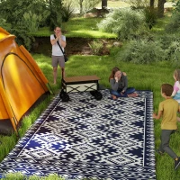 Outsunny Reversible Outdoor Rug, Waterproof Plastic Straw with Carry Bag, 9' x 18', Blue & White Rhombus Border(m-2)
