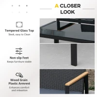 Outsunny 4 Pieces Wicker Patio Furniture Set with Cushions, Outdoor Rattan PE Rattan Conversation Set, Chairs and Loveseat with PS Board Armrests Decoration, Glass Top Table, Black(m-6)