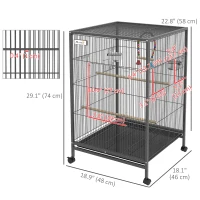 PawHut 29" Bird Cage for Parrots Lovebirds Budgies Finches, Flight Cage with 5 Doors, Swing, Stainless Steel Bowls, Removable Tray, Wheel, Grey(m-3)
